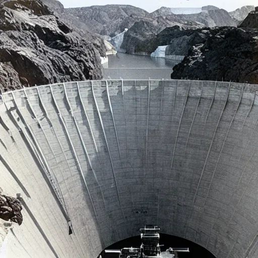 Prompt: the hoover dam, exploding, nuclear, flood