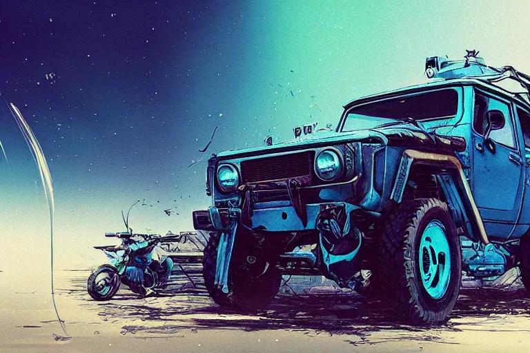 Image similar to digital illustration of a futuristic faded cyan mad max's fj 4 0 decrepit!!!! pursuit special, rusty!!! cyberpunk nissan fj cruiser heavily modded 1 9 9 0 s, the last v 8 interceptor by makoto shinkai, ilya kuvshinov, lois van baarle, rossdraws, basquiat