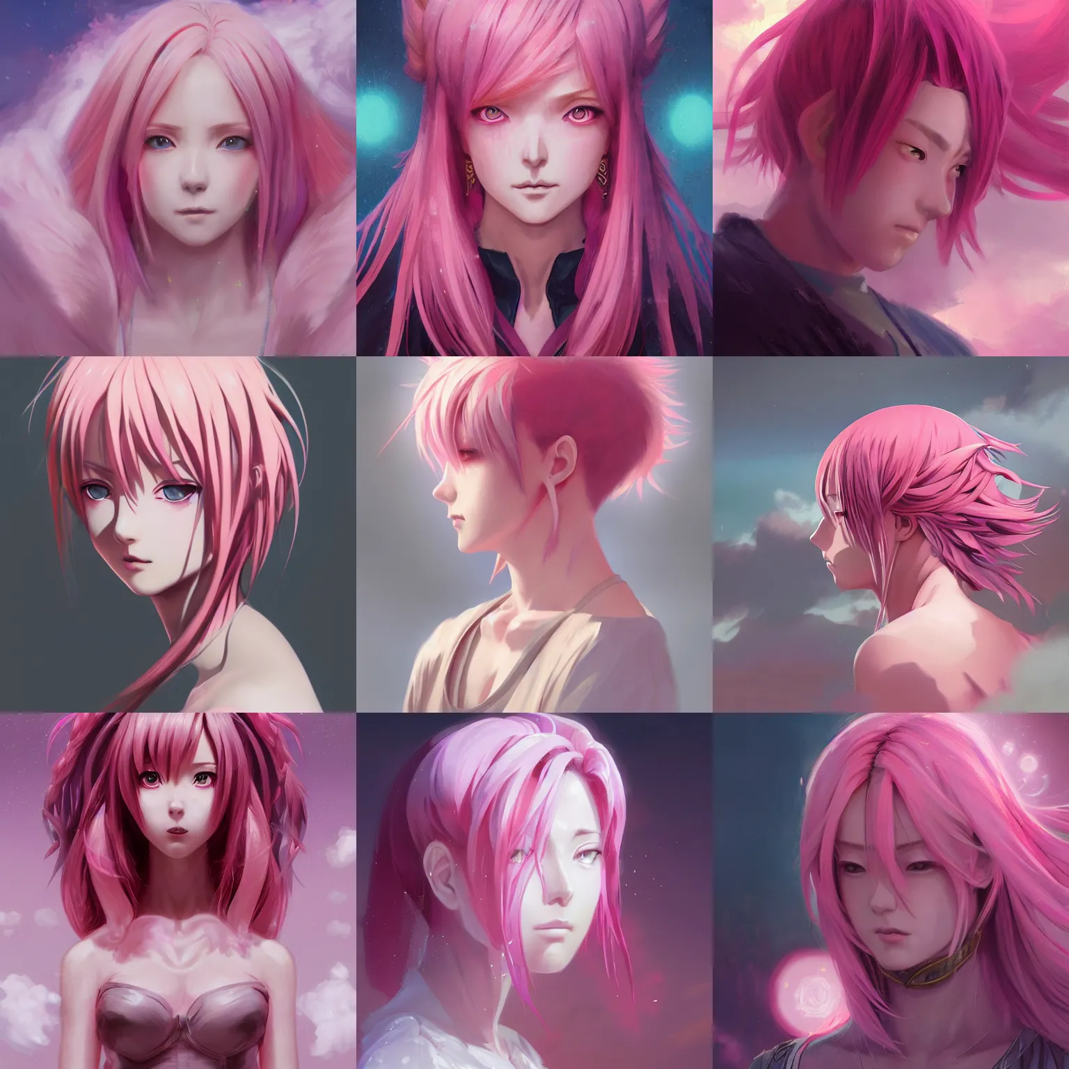 Prompt: symmetrical image of an anime goddess with pink hair, handsome, portrait, profile, intricate, detailed, volumetric lighting, scenery, digital painting, highly detailed, artstation, sharp focus, illustration, concept art, ruan jia, steve mccurry