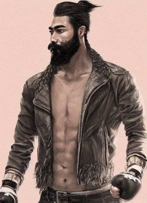 Prompt: a highly detailed illustration of bearded asian man wearing leather jacket with bandaged right hand, focused boxing philly shell stance pose, hands shielding face, backrooms background, intricate, elegant, highly detailed, centered, digital painting, artstation, concept art, smooth, sharp focus, league of legends concept art, WLOP