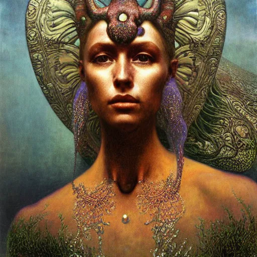 Prompt: queen of neptune by zdzisław beksinski, iris van herpen, raymond swanland and alphonse mucha. highly detailed, hyper - real, beautiful