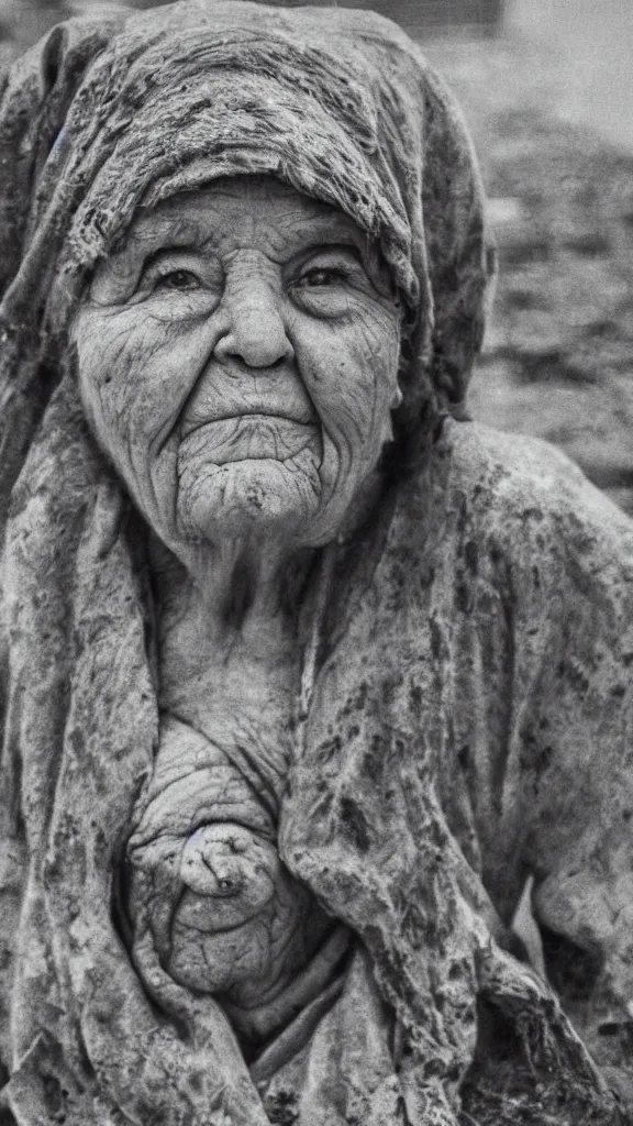 Image similar to realistic black and white old photo of a giant very old woman on destroyed city, short dof, extremely cute, large head, hyper realistic, minutely detailed