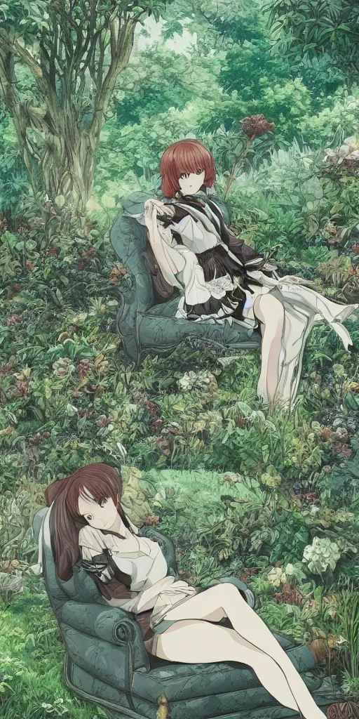 Prompt: landscape shot of a highly detailed queen sitting by herself on a sofa in a forest, drawn by CloverWorks, elegant, beauty, fine linework