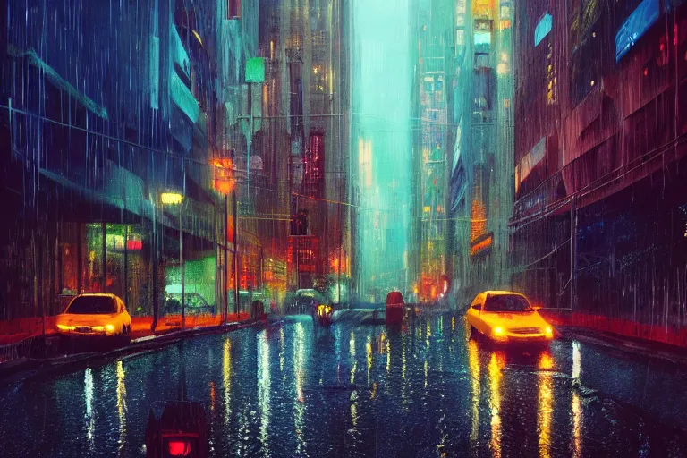 Image similar to city slow exposure, rain like a dream, oil painting, cinematic, surreal, dramatic, otherworldly, dreamlike, soft volumetric lighting, cyberpunk, basquiat + moebius + francis bacon + gustav klimt + beeple, elevated street art, fantasy lut, textural,