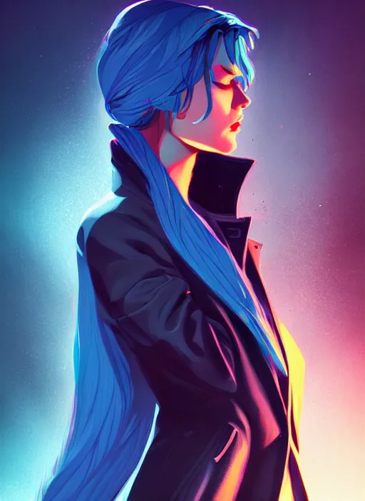 Image similar to style artgerm, joshua middleton, clint eastwood green pelt overcoat, blue hair, swirling water cosmos, cyberpunk, cinematic lighting