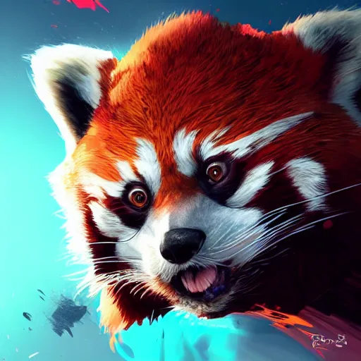 Image similar to red panda as apex legends character, digital illustration portrait design, by android jones and greg rutkowski, retrowave color scheme, detailed, cinematic lighting, wide angle action dynamic portrait