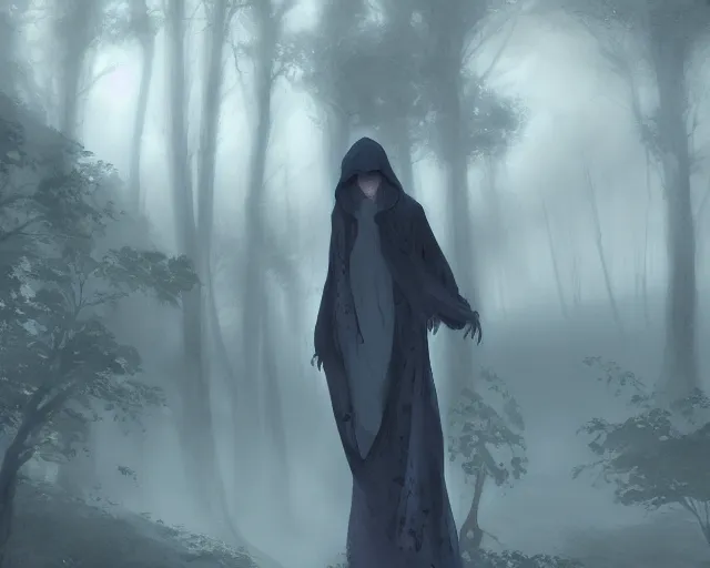 Image similar to a cloaked adventurer in foggy, ghostly woods. Dangerous, foggy, cloudy, mysterious, ominous, threatening, adventurous, ghostly. By Makoto Shinkai, Stanley Artgerm Lau, WLOP, Rossdraws, James Jean, Andrei Riabovitchev, Marc Simonetti, krenz cushart, Sakimichan, trending on ArtStation, digital art.