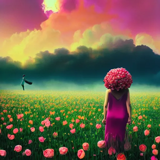 Image similar to woman with a rose flower face standing in flower field, surreal photography, sunrise, colorful clouds, artstation, simon stalenhag