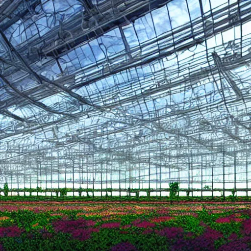 Image similar to world's largest rooftop greenhouse, realistic, fantasy, digital art, good lighting