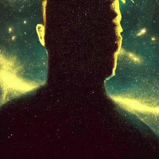 Image similar to silhouette of man, filled with deep space field of stars, award-winning portrait, fantasy horror, trending on artstation, 8k, 4k, pixiv, matte finish, highly detailed