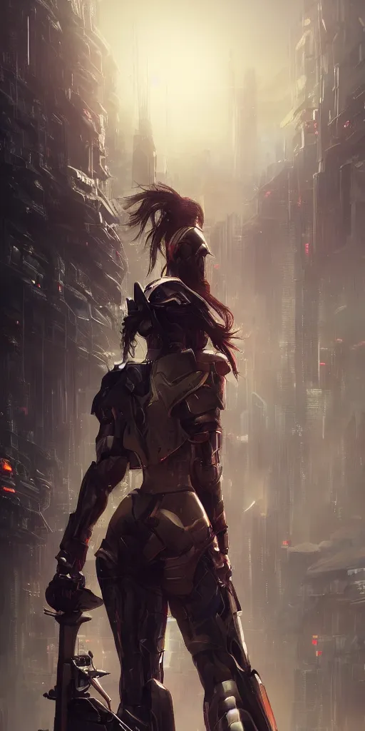 Prompt: back shot of a beautiful girl in sci - fi armour gazing back, holding two swords. by wlop. artstation contest winner, cinematic paint. lower shot. dramatic cloud and ruined city in background. cyberpunk