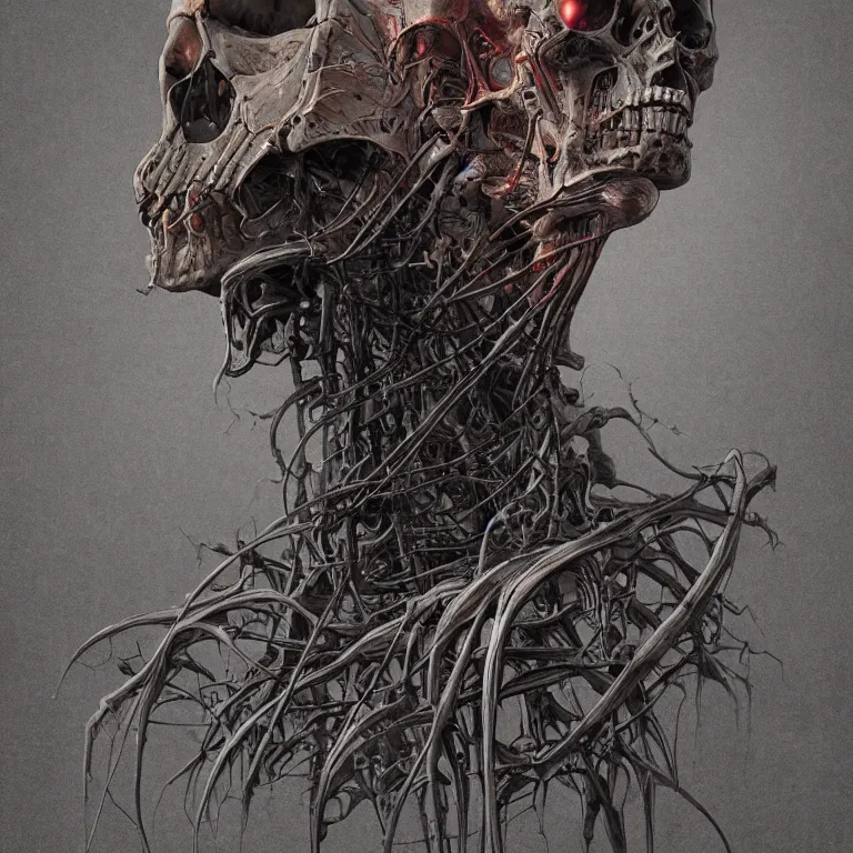 Image similar to organic cyborg alien skeleton alien centipede planet face style of zdzislaw beksinski surrealism poster art album cover contrast skull eyeballs simple background