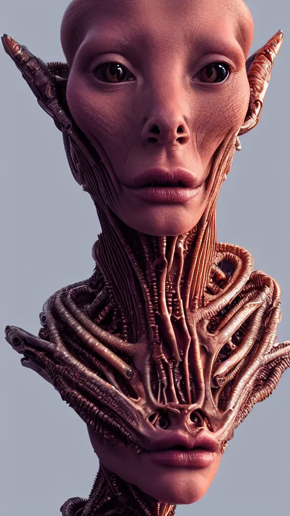 Image similar to a high quality photo of a young beautiful female queen-alien-cyborg bust with a very long neck and Mandelbrot fractal face, by mario feng, crown, scales, alien eyes, master shot, octane render, 8k, ultra hd, perfect light