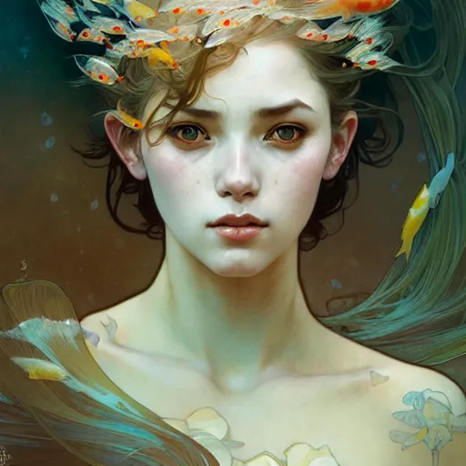 Image similar to Portrait of a girl surrounded by Koi fish, face, fantasy, intricate, elegant, highly detailed, digital painting, artstation, concept art, smooth, sharp focus, illustration, art by Krenz Cushart and Artem Demura and alphonse mucha