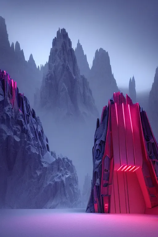 Prompt: futuristic atmosphere in the snowy mountains dolomites 3 d concept art, cinematic lighting, red neon laser, rule of thirds, depth of field, intricate details, building by zaha hadid, stormy snowing weather, emissary space by arthur haas and bruce pennington and john schoenherr, cinematic matte painting, dark moody colors, trending on artstation, featured on behance