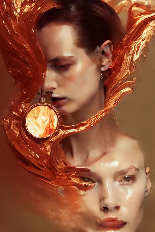 Prompt: 3 d, flowning fashion model, flame, liquid rose gold, pearls, morning, vogue cover style, poster art, hyper detail, intricate oil painting, multiple exposure, heaven mood, hyperrealism, 3 d, by tooth wu and wlop and beeple and greg rutkowski