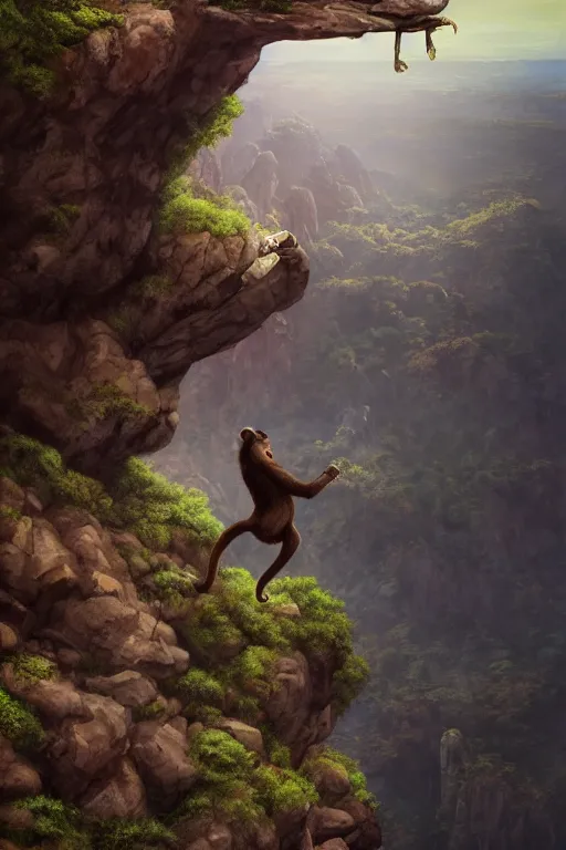 Image similar to a monkey standing at the top of a cliff throwing a bone in the air , dramatic lighting, cinematic, establishing shot, extremly high detail, photorealistic, cinematic lighting, artstation, style by James Gurney