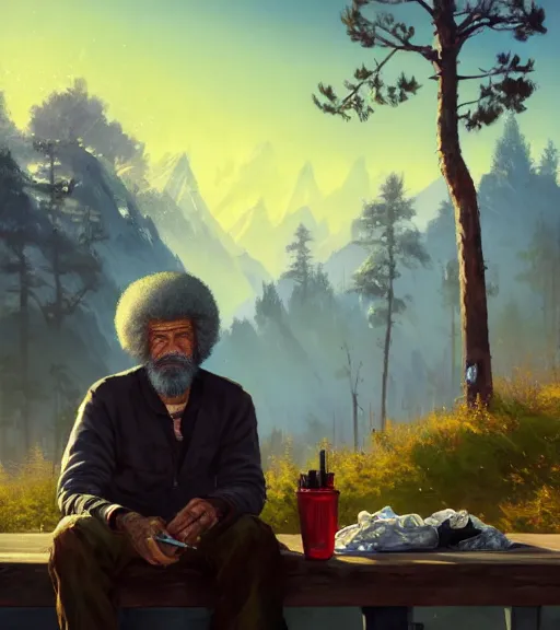 Image similar to Highly detailed portrait of homeless Bob Ross, in GTA V, Stephen Bliss, unreal engine, fantasy art by Greg Rutkowski, Loish, Rhads, ferdinand knab, Makoto Shinkai and Lois van baarle, ilya kuvshinov, rossdraws, Tom Bagshaw, global illumination, radiant light, detailed and intricate environment