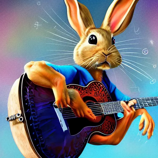 Image similar to A hyperdetailed digital oil painting of A rabbit is playing the guitar,cartoon, Trending on ArtStation and DeviantArt