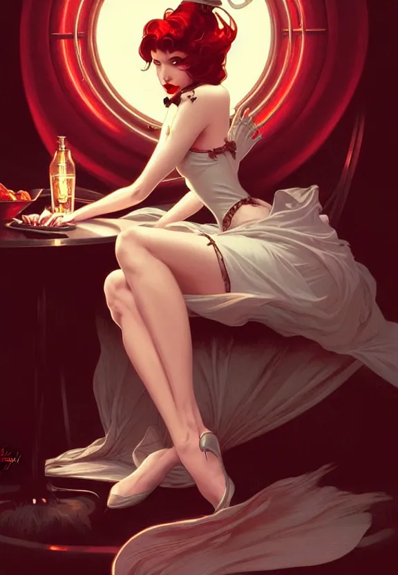 Image similar to elegant pin-up vampire at 50’s style diner, fantasy magic, dark light night, intricate, elegant, sharp focus, illustration, highly detailed, digital painting, concept art, matte, art by WLOP and Artgerm and Greg Rutkowski and Alphonse Mucha, masterpiece