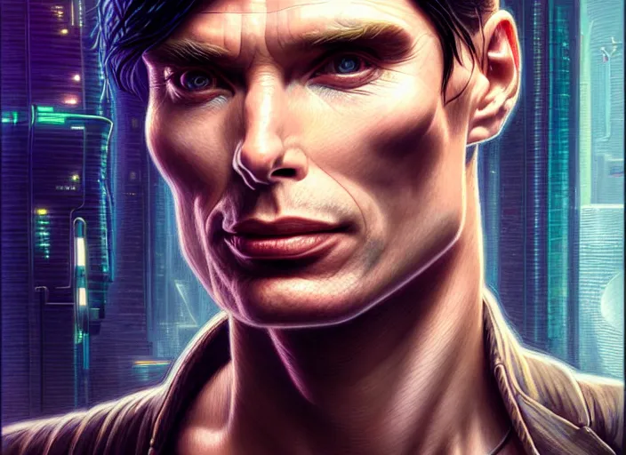 Image similar to portrait shot of cillian murphy in cyberpunk 2 0 7 7, intricate, elegant, highly detailed, centered, digital painting, artstation, concept art, smooth, sharp focus, illustration, artgerm, tomasz alen kopera, peter mohrbacher, donato giancola, joseph christian leyendecker, wlop, boris vallejo