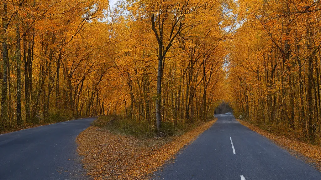 Image similar to a photograph of a country road lined on both sides by maple and poplar trees, in the autumn, red orange and yellow leaves, some leaves have fallen and are under the trees and on the road