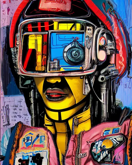 Prompt: a cyberpunk portrait of a fighter pilot by jean - michel basquiat, by hayao miyazaki by artgerm, highly detailed, sacred geometry, mathematics, snake, geometry, cyberpunk, vibrant, water