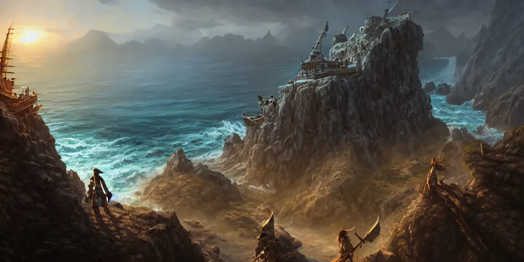 Image similar to D&D adventurers facing away on cliff overlooking realistic shipwreck boat, naval background, portrait, magic the gathering artwork, D&D, fantasy, cinematic lighting, centered, symmetrical, highly detailed, digital painting, artstation, concept art, smooth, sharp focus, illustration, volumetric lighting, epic Composition, 8k, art by Akihiko Yoshida and Greg Rutkowski and Craig Mullins, oil painting, cgsociety