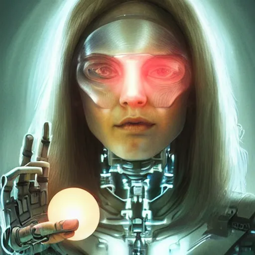 Prompt: a realistic detailed beautiful portrait of a cybernetic woman eating a glowing orb, cyberpunk concept art, digital art, highly detailed, intricate, sci-fi, sharp focus, Trending on Artstation HQ, deviantart, unreal engine 5, 4K UHD image, hyperrealistic, photorealistic, art by artgerm and greg rutkowski and alphonse mucha