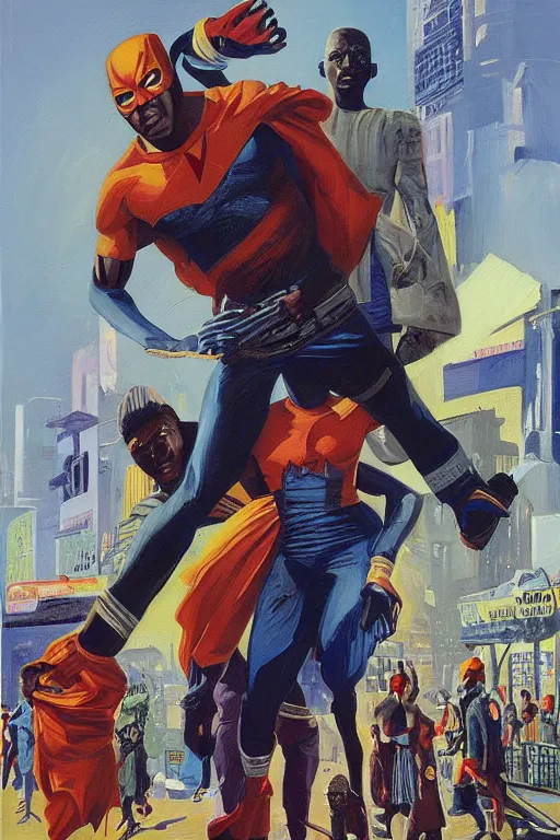 Image similar to nigerian superhero, an ultrafine detailed painting by john philip falter, austin briggs, cg society, american scene painting, dystopian art, american realism, academic art, movie poster, poster design, concert poster