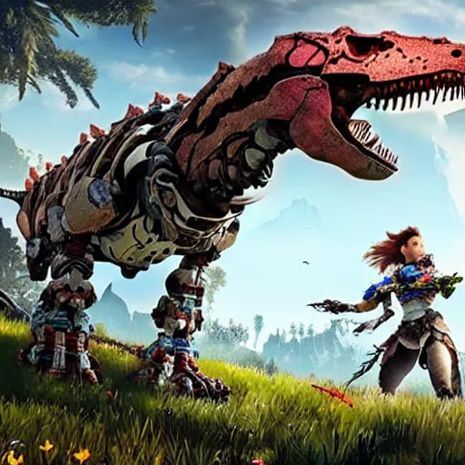 Prompt: gameplay of horizon zero dawn, si - fi robotic tyrannosaurus rex, highly detailed