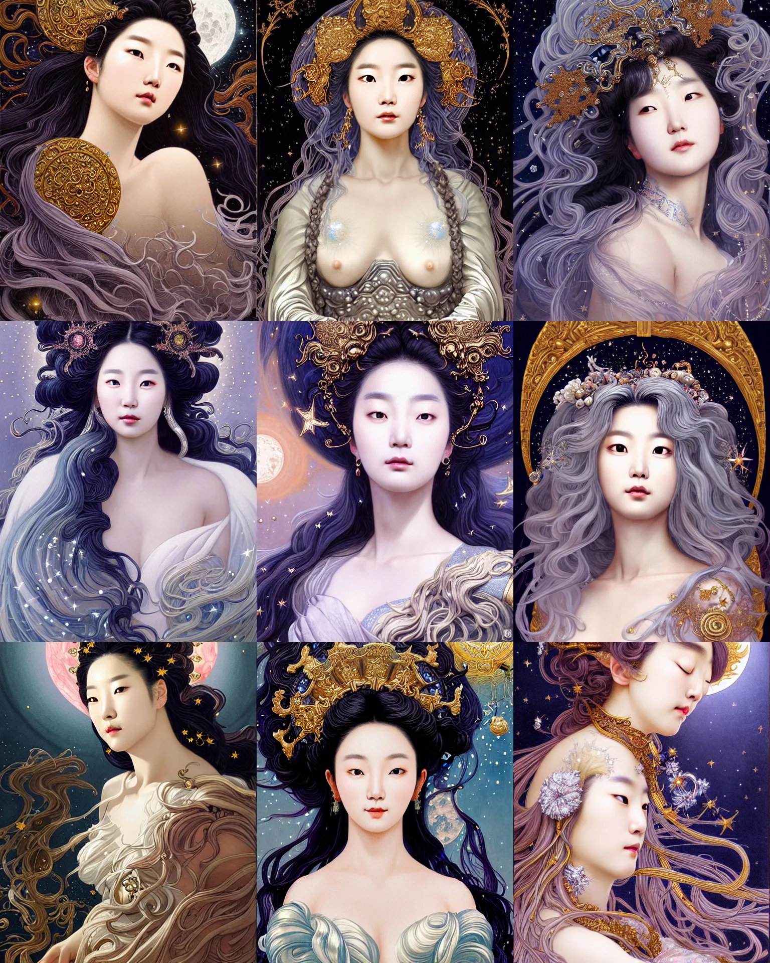 Prompt: baroque neoclassicist closeup portrait of lee jin - eun as a beautiful moon goddess with stars in her flowing hair, reflective detailed textures, glittering multiversal ornaments, dark fantasy scifi painting by milo manara gi, j. c. leyendecker, ilya kuvshinov, karol bak, dramatic lighting, gleaming silver and soft rich colors
