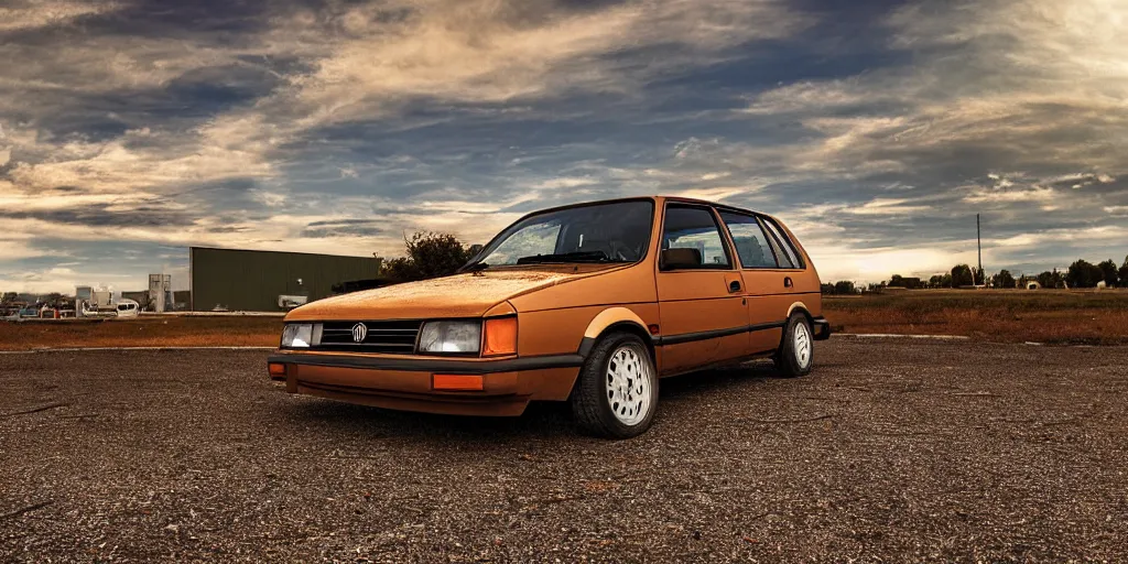 Image similar to a lonely rusty silver 1985 VW Golf in a vacant gravel lot, wide angle, golden hour, panorama, detailed digital art