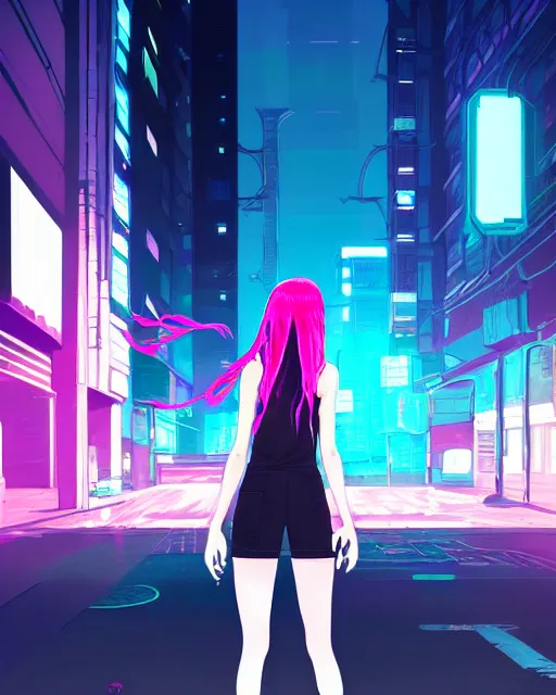 Prompt: digital illustration of cyberpunk pretty girl with pink hair, standing by a blue ford gt in a street at night, under streetlights, by makoto shinkai, ilya kuvshinov, lois van baarle, rossdraws, basquiat