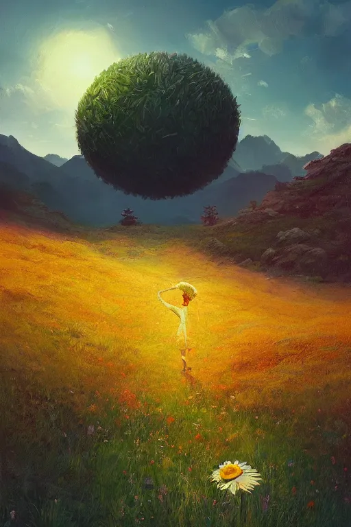 Image similar to giant daisy flower head, walking in the mountains, surreal photography, sunrise, dramatic light, impressionist painting, colorful clouds, digital painting, artstation, simon stalenhag