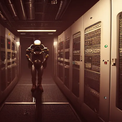 Prompt: anthropomorphic cyborg working in sci - fi server room. cinematic shot from alien isolation