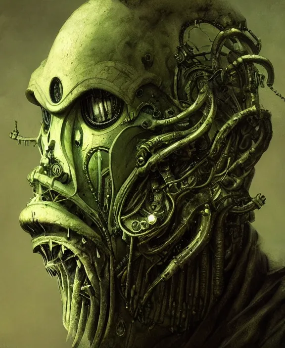 Image similar to a portrait of an evil green steampunk dark lord, by hr giger and beksinski and stephan martiniere, 4 k resolution, detailed, 3 d render, unreal engine, octane render, trending on artstation