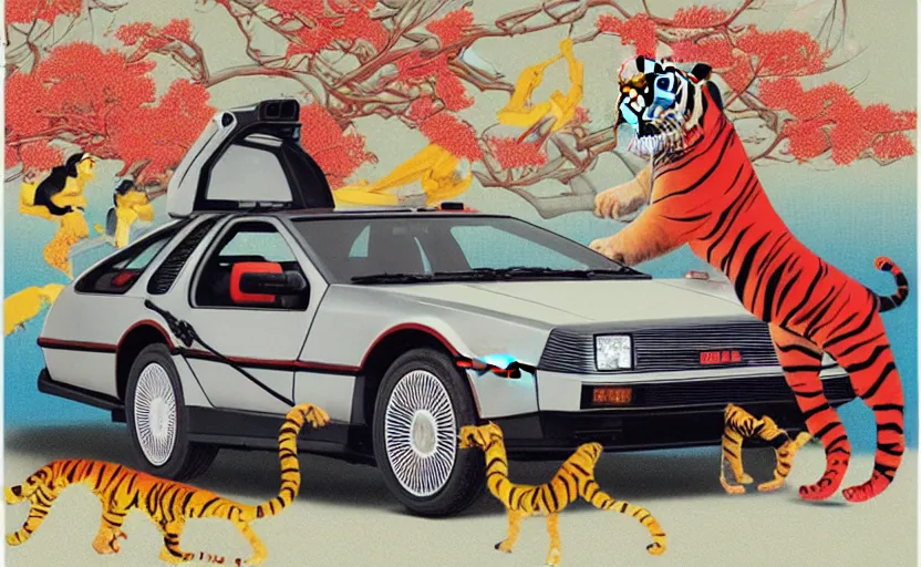 Image similar to a red delorean and a yellow tiger, painting by hsiao - ron cheng & utagawa kunisada, magazine collage style,