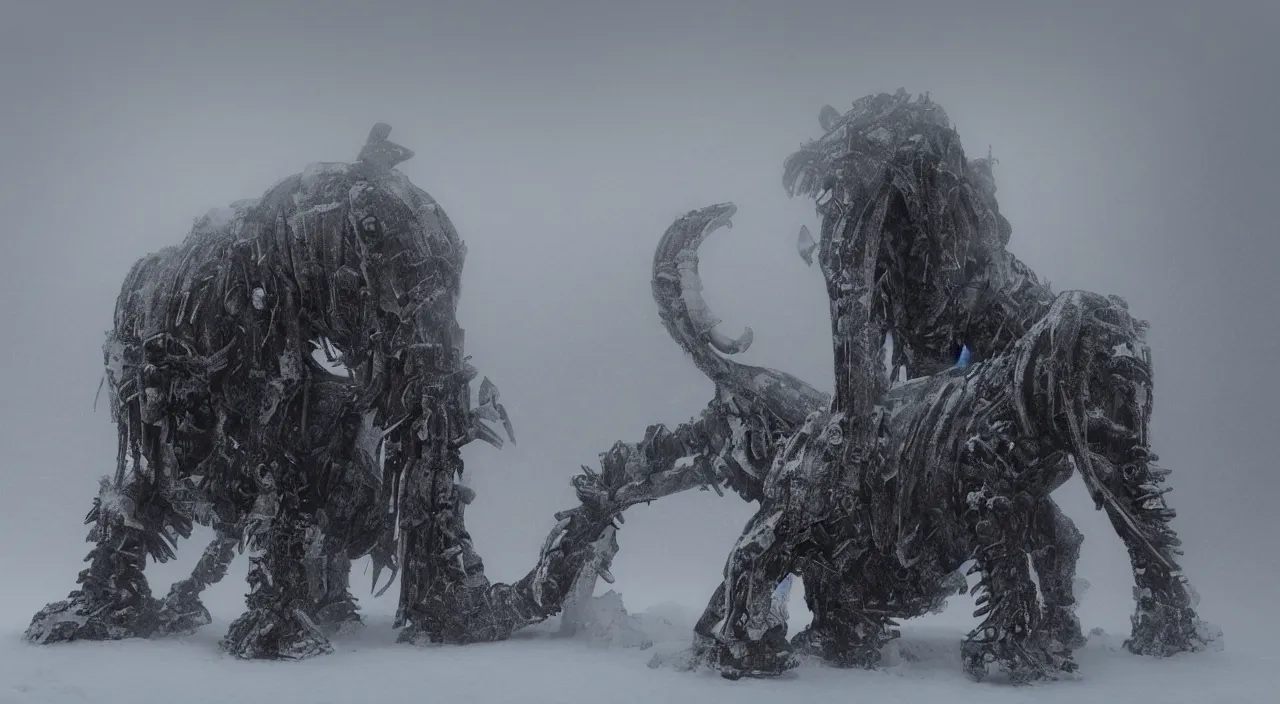 Prompt: “photo of a mechanical mammoth inspired by h.r.giger in an arctic storm, fog, snow storm, cold sunset, wind , ice, photoreal”