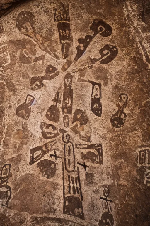 Image similar to 4 k photography of petroglyphs representing crosses, sauwastica, wifi symbol on a cave