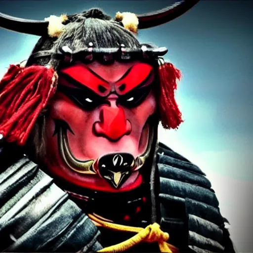 Image similar to big buff strong very buff samurai wearing an oni mask, movie still