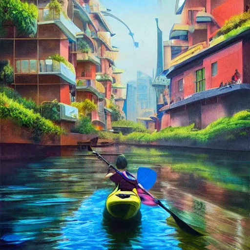 Image similar to Narrow cosy waterway with kayak in futuristic sci-fi city in harmony with nature. Nice colour scheme, soft warm colour. Beautiful detailed painting by Lurid. (2022)