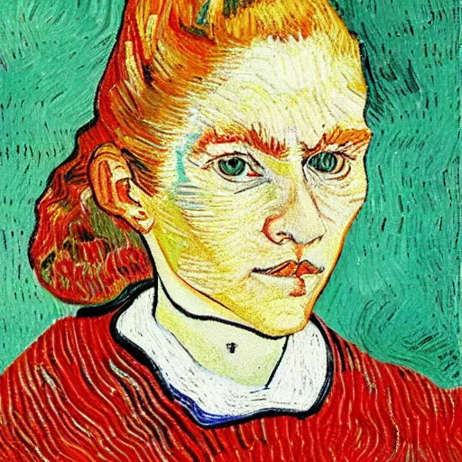 Prompt: a portrait of beatrix in a turtle neck sweater, in the style of vincent van gogh, artistic, colorful, vibrant, art, high fashion