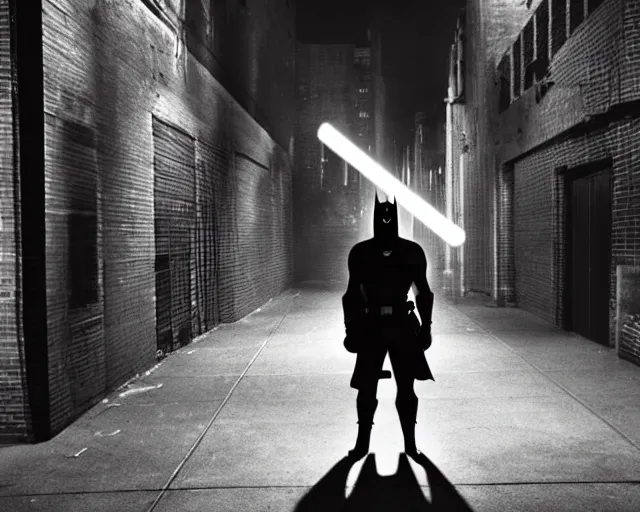 Image similar to a high definition photograph of Batman holding a lightsaber in a dark New York City alleyway at nighttime, high contrast shadows