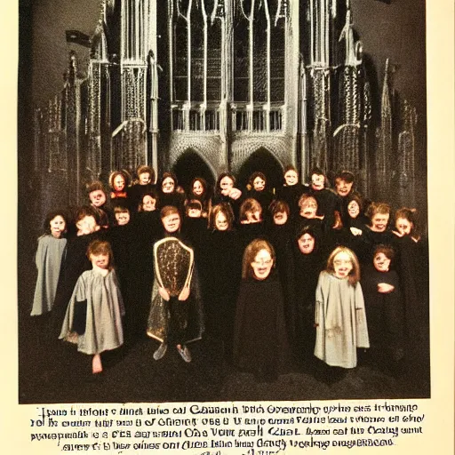 Image similar to ! dream vintage 1 9 8 0's dutch children's show, a happy photogenic group of children in black cult robes standing around a large giant evil demonic horrifying angry detailed monstrous demon creature inside a candlelit gothic cathedral