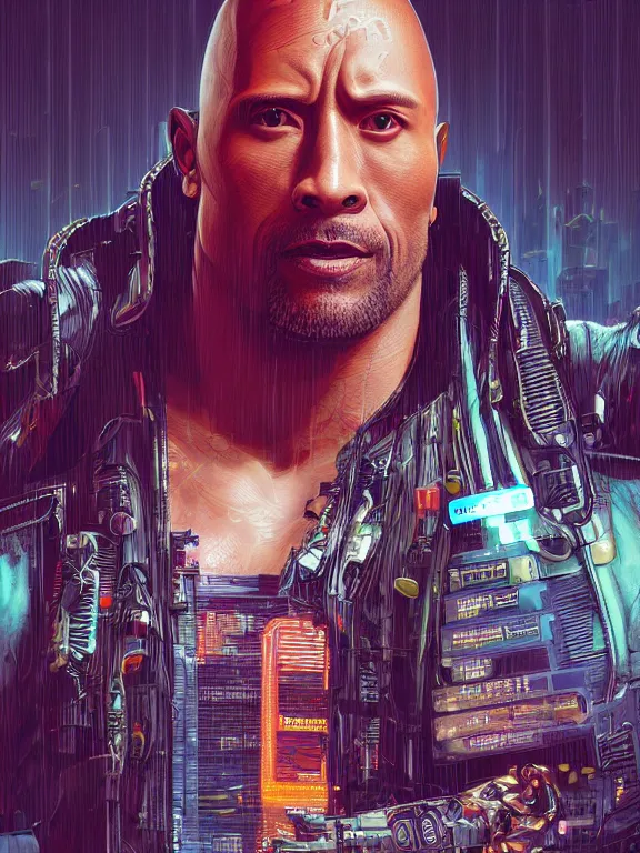 Image similar to a cyberpunk 2077 portrait of Dwayne Johnson carrying a female android complex mess of cables and wires behind them connected to giant computer, love,film lighting, by laurie greasley,Lawrence Alma-Tadema,William Morris,Dan Mumford, trending on atrstation, full of color, highly detailed,8K, octane, Digital painting,golden ratio,cinematic lighting