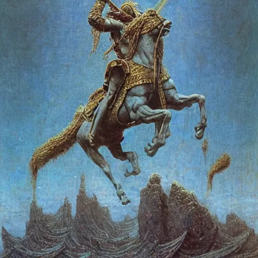 Image similar to zeus in golden thunder armor, wielding ornamented thunder bolt, beksinski