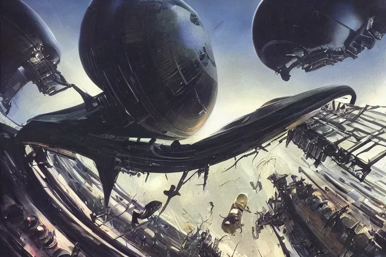 Image similar to a black alien spaceship descending on earth, weird angles, cinematic, shadows, 4 k, detailed, by john berkey!!!!!! and peter jackson and ridley scott and beeple!!! and greg rutowski