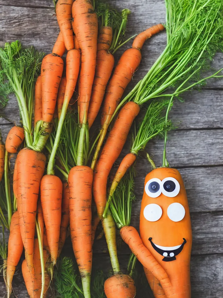 Image similar to a photorealistic jolly carrot with googly eyes and a big smile, farmer's market setting, vivid colors, soft lighting, atmospheric, cinematic, 8k