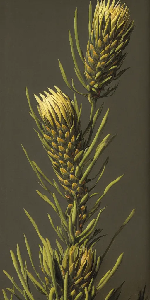 Image similar to tall king proteas against a black backdrop by martin johnson heade, detailed brush strokes, artstation